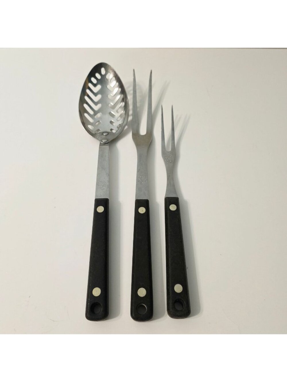 3 Vtg EKCO FLINT Stainless Kitchen Utensils Black Handles Slotted Spoon Forks